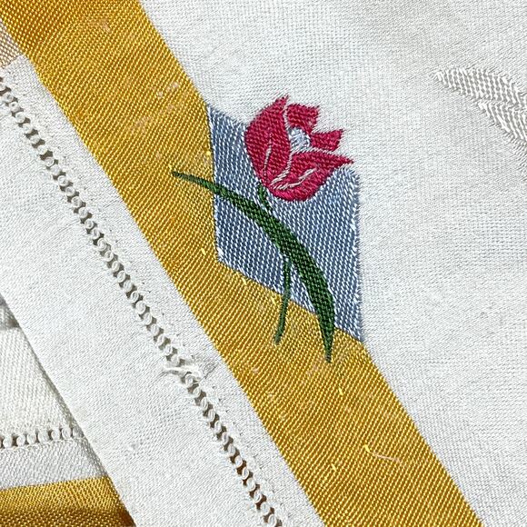 Vintage Set 8 Linen Napkins Cream w/ Yellow Boarder Embroidered Red Rose 14x13 - Picture 2 of 12